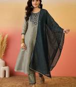 Grey silk blend straight zari sequence embroidered kurta pant with dupatta