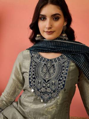 Grey silk blend straight zari sequence embroidered kurta pant with dupatta 2