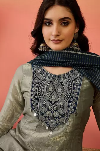 Grey silk blend straight zari sequence embroidered kurta pant with dupatta