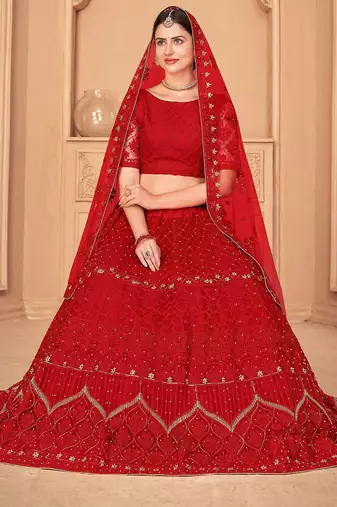 Embroidered Thread Work Semi-Stitched Lehenga & Unstitched Blouse With Dupatta