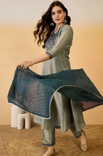 Grey silk blend straight zari sequence embroidered kurta pant with dupatta