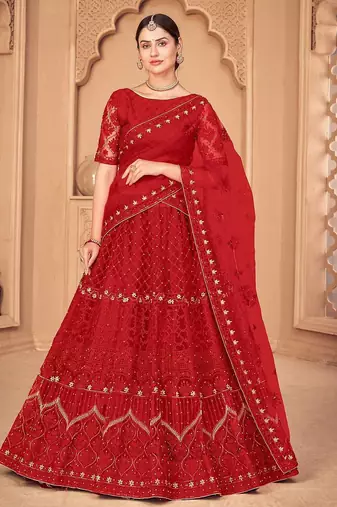 Embroidered Thread Work Semi-Stitched Lehenga & Unstitched Blouse With Dupatta