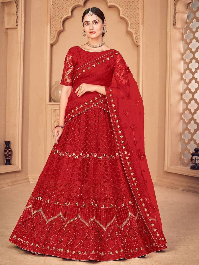 Embroidered Thread Work Semi-Stitched Lehenga & Unstitched Blouse With Dupatta
