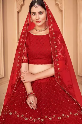Embroidered Thread Work Semi-Stitched Lehenga & Unstitched Blouse With Dupatta