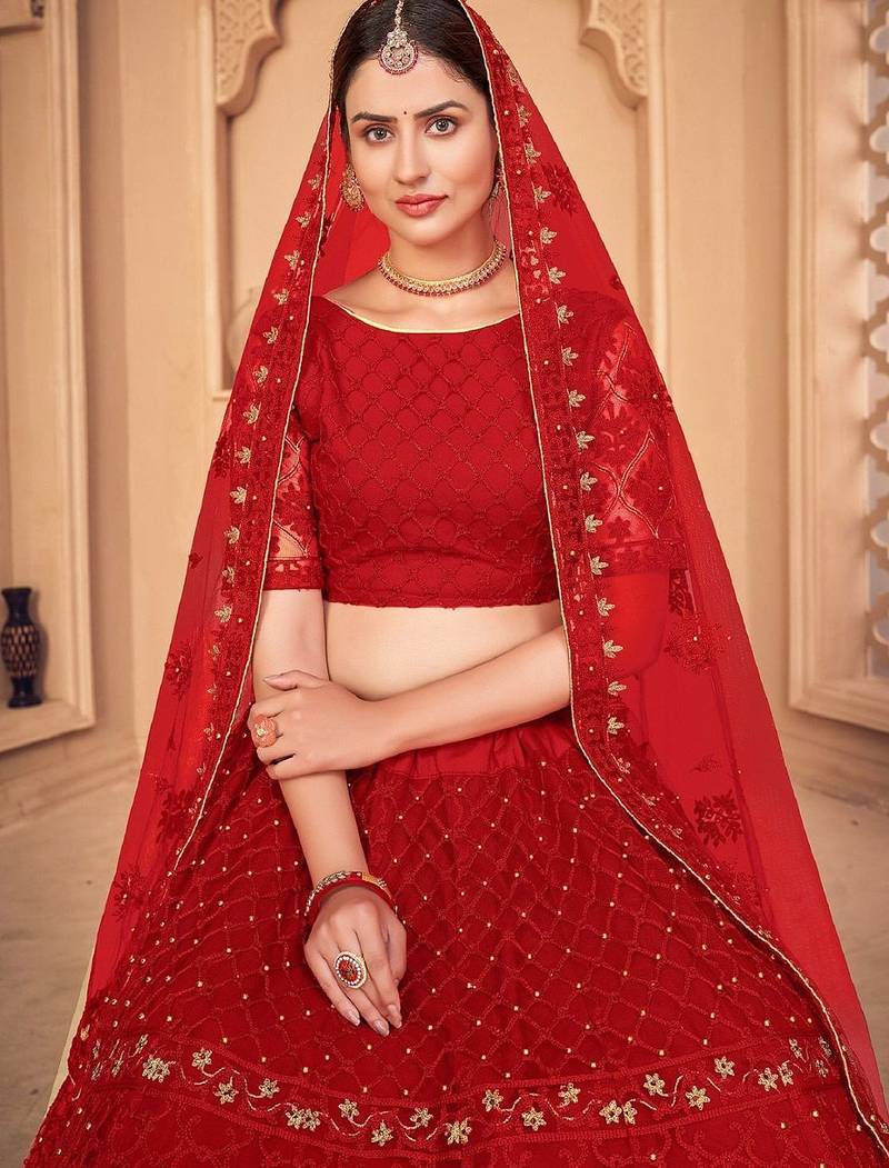 Embroidered Thread Work Semi-Stitched Lehenga & Unstitched Blouse With Dupatta
