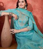Women embroidered zari sequence round neck kurta pant with dupatta set