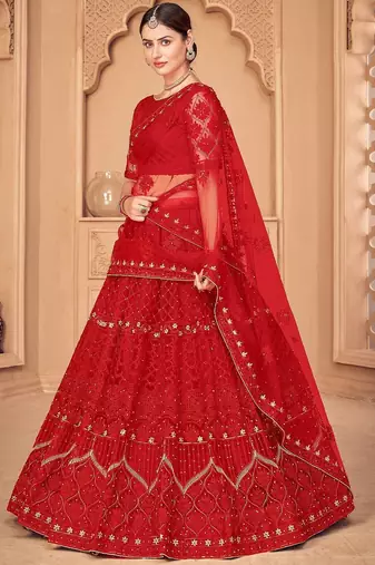 Embroidered Thread Work Semi-Stitched Lehenga & Unstitched Blouse With Dupatta