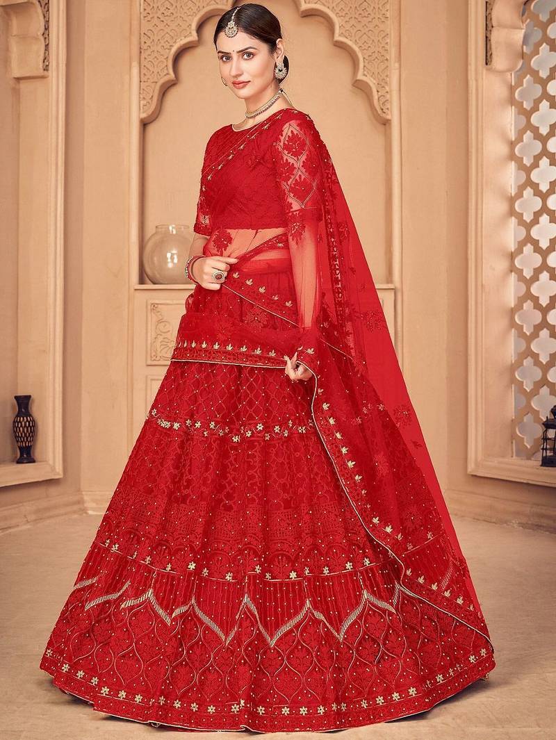 Embroidered Thread Work Semi-Stitched Lehenga & Unstitched Blouse With Dupatta