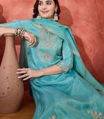 Floral embroidered round neck zari sequinned kurta with trousers and dupatta