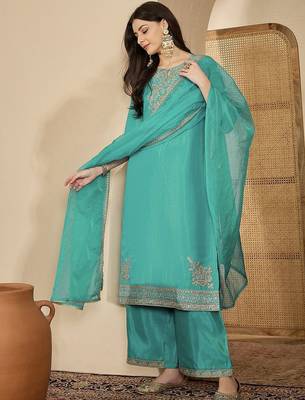 Zari thread embroidered round neck straight kurta & trousers with dupatta 3