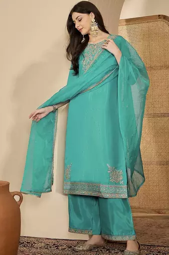 Zari thread embroidered round neck straight kurta & trousers with dupatta