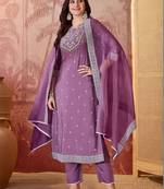Embroidered round-neck kurta & trousers kurta sets