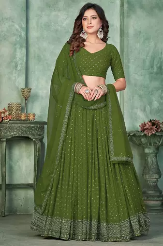 Embroidered Sequinned Semi-Stitched Lehenga & Unstitched Blouse With Dupatta