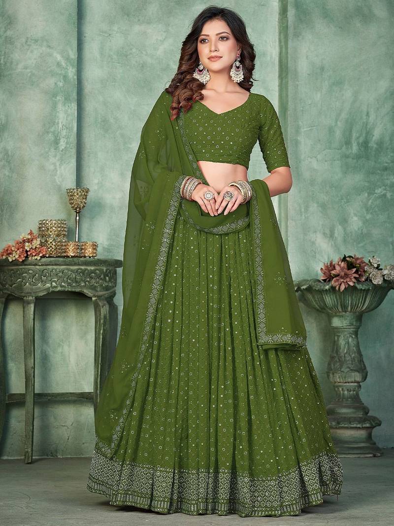 Embroidered Sequinned Semi-Stitched Lehenga & Unstitched Blouse With Dupatta