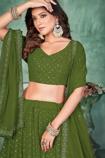 Embroidered Sequinned Semi-Stitched Lehenga & Unstitched Blouse With Dupatta