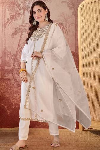 Zari sequence embroidered round-neck straight kurta & trousers with dupatta
