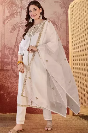 Zari sequence embroidered round-neck straight kurta & trousers with dupatta