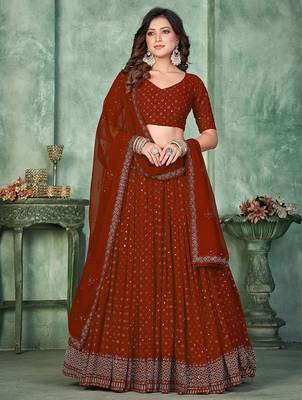 Embroidered Sequinned Semi-Stitched Lehenga & Unstitched Blouse With Dupatta 1
