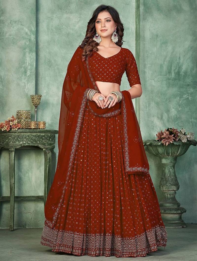 Embroidered Sequinned Semi-Stitched Lehenga & Unstitched Blouse With Dupatta