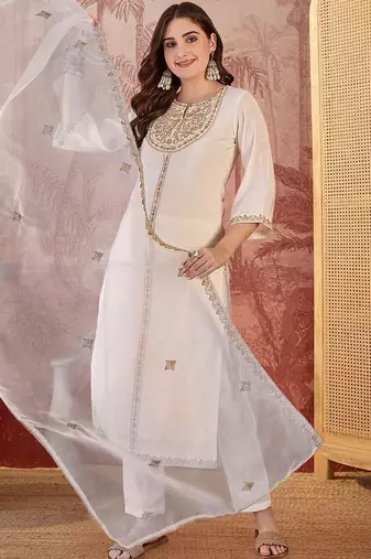 Zari sequence embroidered round-neck straight kurta & trousers with dupatta