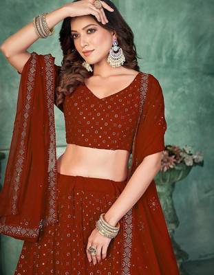Embroidered Sequinned Semi-Stitched Lehenga & Unstitched Blouse With Dupatta 2