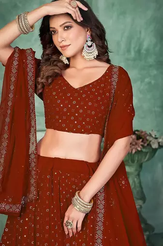 Embroidered Sequinned Semi-Stitched Lehenga & Unstitched Blouse With Dupatta
