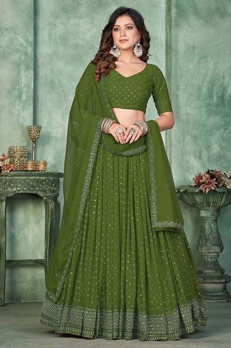 Embroidered Sequinned Semi-Stitched Lehenga & Unstitched Blouse With Dupatta