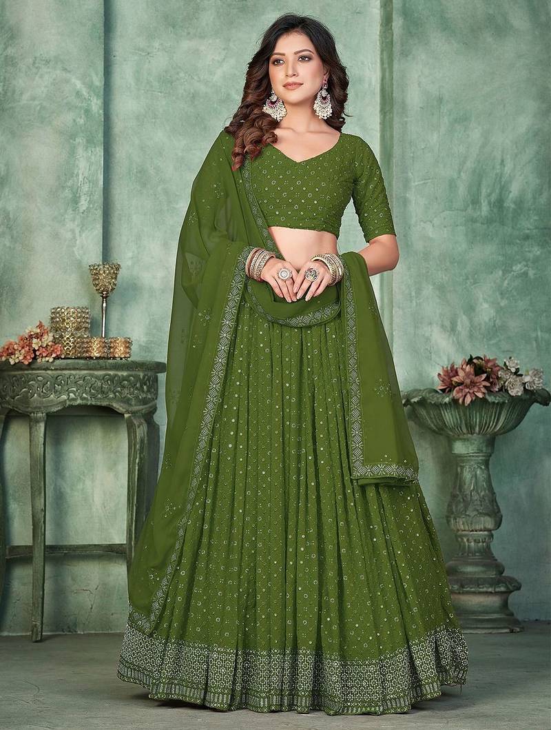 Embroidered Sequinned Semi-Stitched Lehenga & Unstitched Blouse With Dupatta