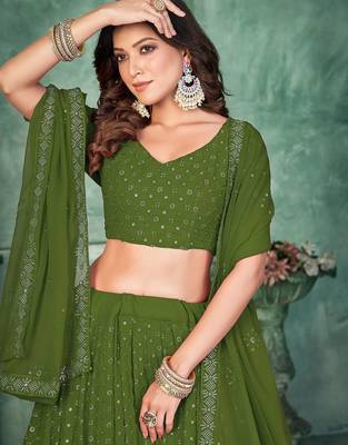 Embroidered Sequinned Semi-Stitched Lehenga & Unstitched Blouse With Dupatta 2