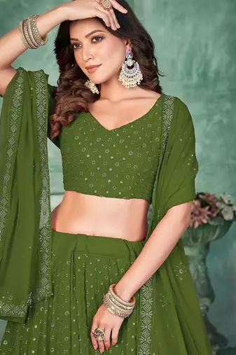 Embroidered Sequinned Semi-Stitched Lehenga & Unstitched Blouse With Dupatta