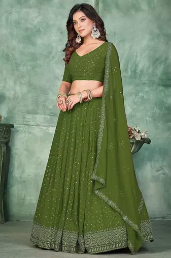 Embroidered Sequinned Semi-Stitched Lehenga & Unstitched Blouse With Dupatta