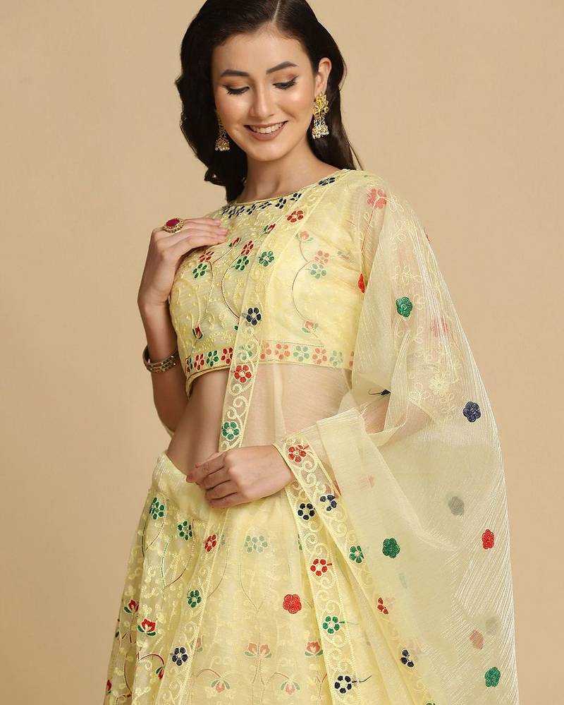 Embroidered Thread Work Semi-Stitched Lehenga & Unstitched Blouse With Dupatta