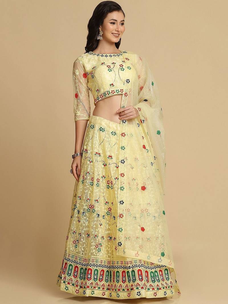 Embroidered Thread Work Semi-Stitched Lehenga & Unstitched Blouse With Dupatta