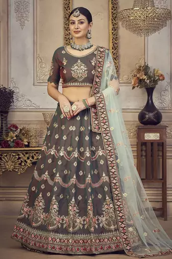 Embroidered Thread Work Semi-Stitched Lehenga & Unstitched Blouse With Dupatta