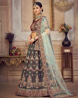 Embroidered Thread Work Semi-Stitched Lehenga & Unstitched Blouse With Dupatta 3