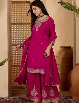 Women embroidered round neck straight kurta & palazzos with dupatta 1