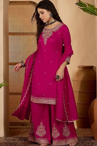 Women embroidered round neck straight kurta & palazzos with dupatta