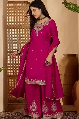 Women embroidered round neck straight kurta & palazzos with dupatta