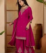 Women embroidered round neck straight kurta & palazzos with dupatta