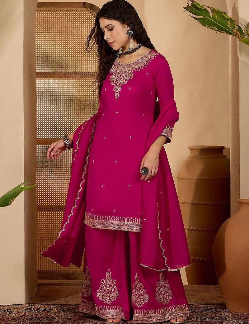 Women embroidered round neck straight kurta & palazzos with dupatta