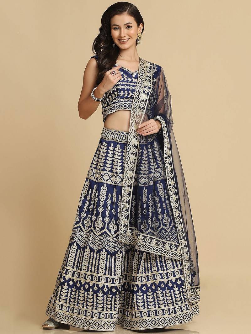 Embroidered Thread Work Semi-Stitched Lehenga & Unstitched Blouse With Dupatta