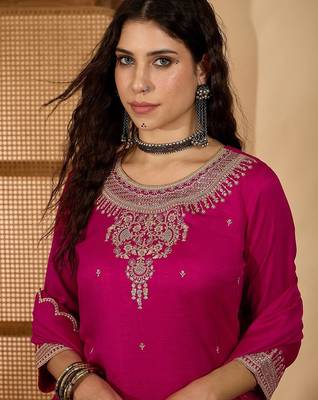 Women embroidered round neck straight kurta & palazzos with dupatta 2