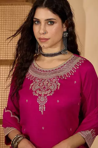 Women embroidered round neck straight kurta & palazzos with dupatta