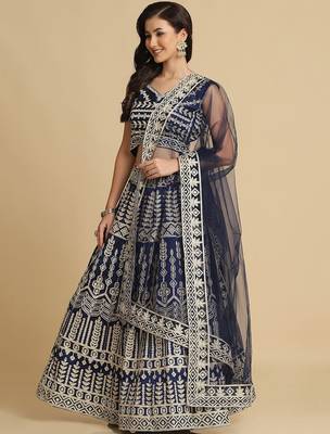 Embroidered Thread Work Semi-Stitched Lehenga & Unstitched Blouse With Dupatta 4