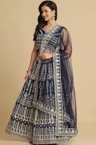 Embroidered Thread Work Semi-Stitched Lehenga & Unstitched Blouse With Dupatta