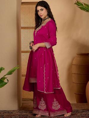Women embroidered round neck straight kurta & palazzos with dupatta 5