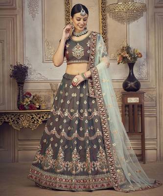 Embroidered Thread Work Semi-Stitched Lehenga & Unstitched Blouse With Dupatta 1