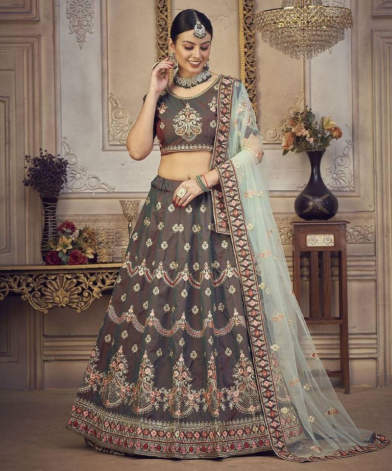 Embroidered Thread Work Semi-Stitched Lehenga & Unstitched Blouse With Dupatta