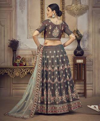 Embroidered Thread Work Semi-Stitched Lehenga & Unstitched Blouse With Dupatta 4