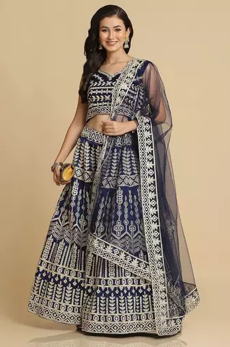 Embroidered Thread Work Semi-Stitched Lehenga & Unstitched Blouse With Dupatta
